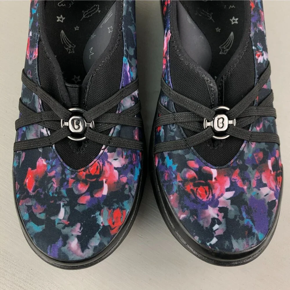 BZees Women's Size 11M Melody Black Multi Floral Print Wedge Heel Slip On Pumps